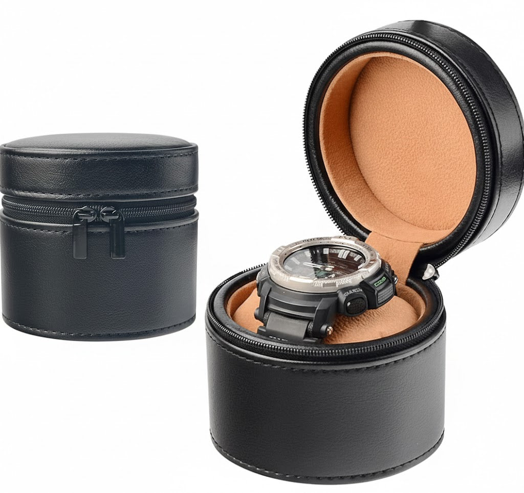 Boîte Circulaire en Cuir Noir et Velours