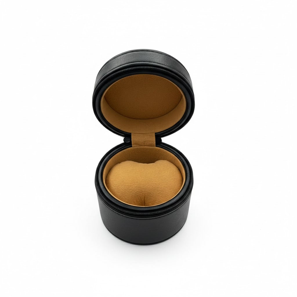 Boîte Circulaire en Cuir Noir et Velours