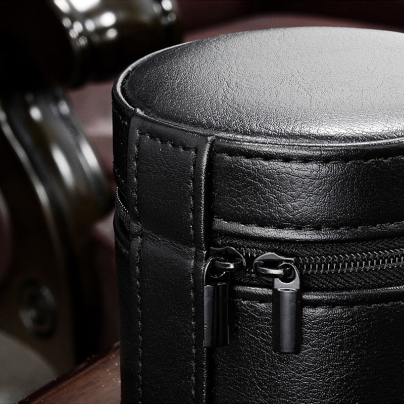 Boîte Circulaire en Cuir Noir et Velours