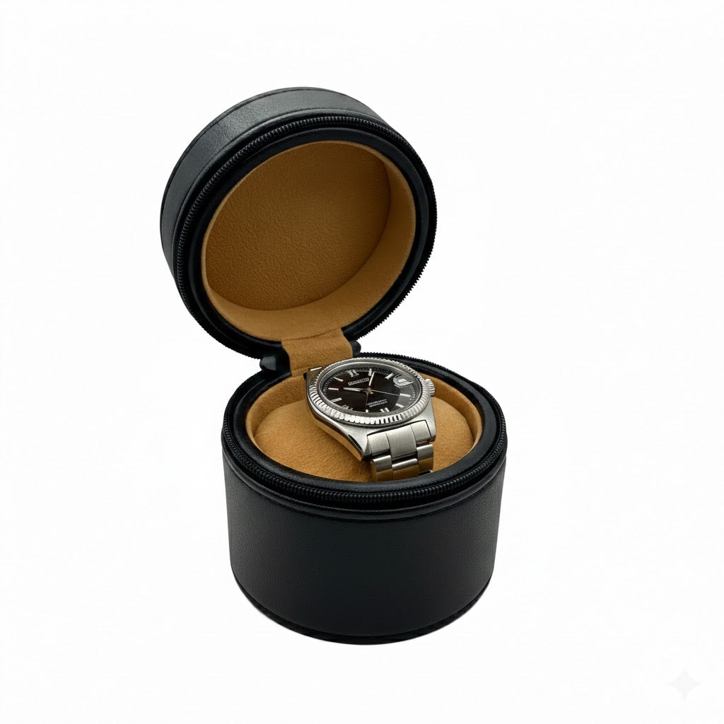 Boîte Circulaire en Cuir Noir et Velours