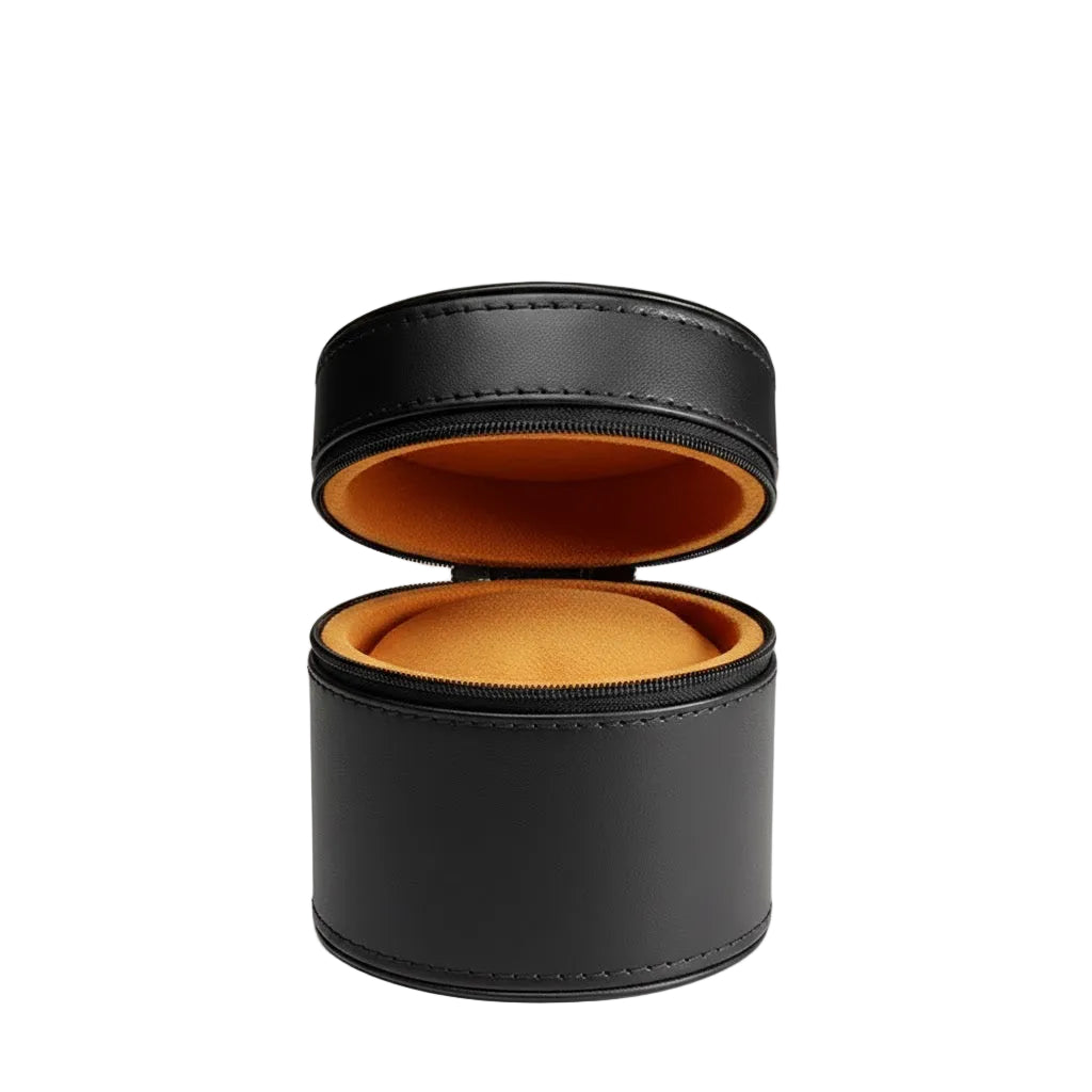 Boîte Circulaire en Cuir Noir et Velours